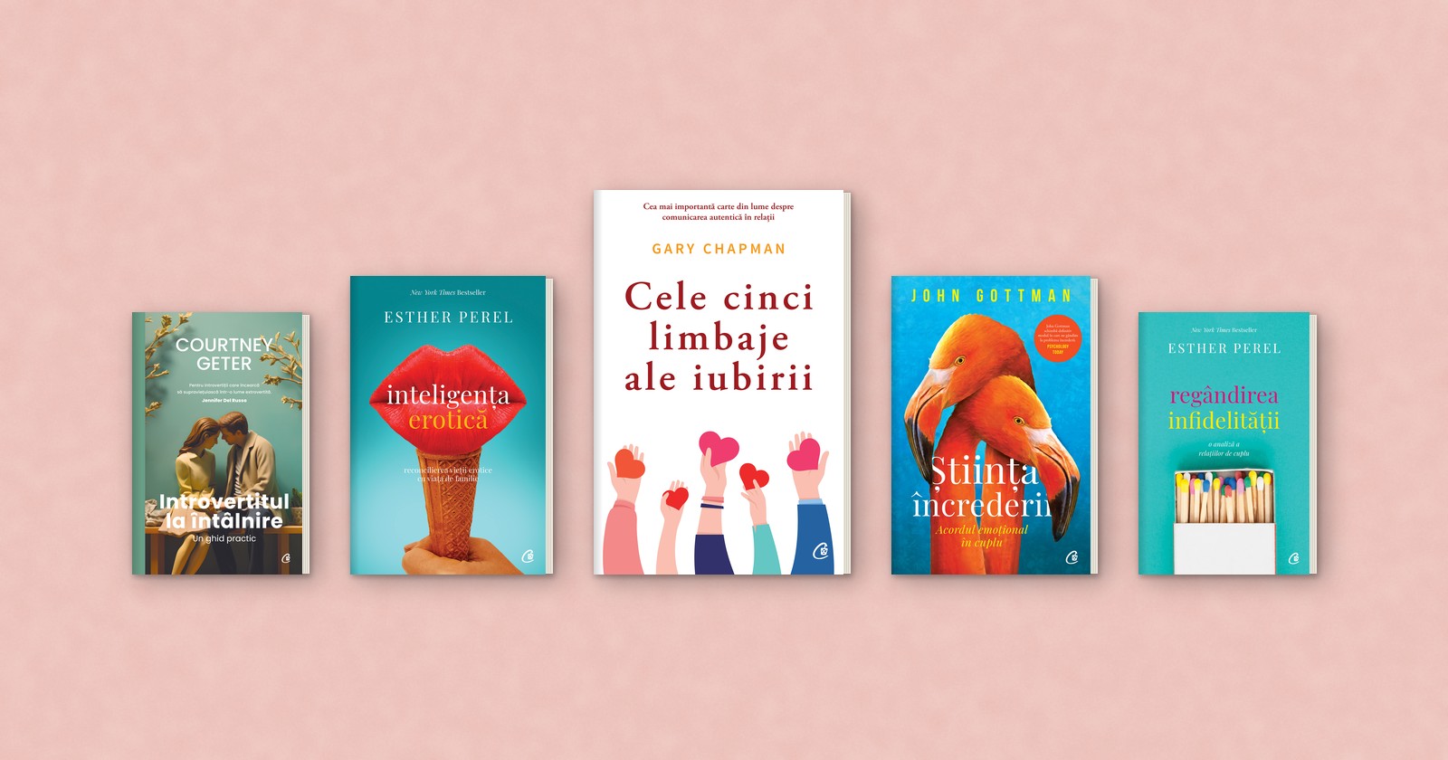 „Cele cinci limbaje ale iubirii”, de Gary Chapman, alături de cărți de Esther Perel, John Gottman și Courtney Geter