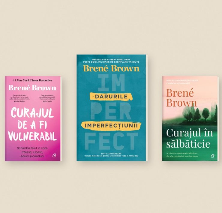 Cinci cărți de Brené Brown: „Credeam că problema e doar la mine”, „Curajul de a fi vulnerabil”, „Darurile imperfecțiunii”, „Curajul în sălbăticie” și „Îndrăznește să conduci”